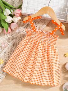 SHEIN 寶寶女孩春夏季休閒可愛格紋3D毛巾刺繡胡蘿蔔裝