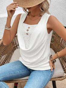 SHEIN LUNE Lace Splicing Women's Square Neck Casual Tank Top - White - View 4