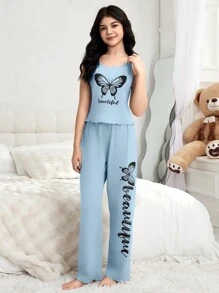 Bộ đồ ngủ in hình bướm cho bé gái tuổi teen và quần dài bó sát - Màu xanh lam - Xem 5