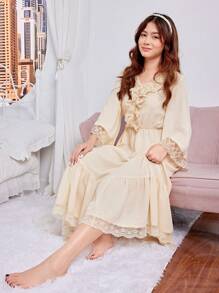 SHEIN 少女優雅的蕾絲拼接婚禮晚會長袖睡衣，親情裝匹配服裝（2套分開售賣） - 杏色 - 查看 6