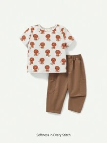 Conjunto de sudadera con cuello redondo y pantalones lisos para niños pequeños con patrón de león animado