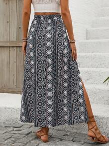 Breezaya 女士几何印花侧开衩长裙度假海滩装 - 黑色 - 查看 2