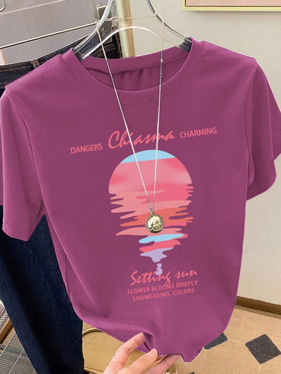 INAWLY 日落标语印花休闲短袖圆领 T 恤夏季危险迷人夕阳花朵绽放短暂展示色彩图形 T 恤女式上衣 - 中紫紅色 - 查看 1