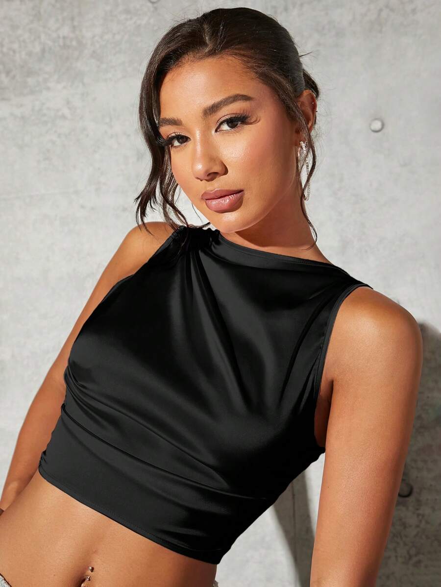 SHEIN BAE Solid Ruched Side Crop Blouse,Sleeveless Tops - Black - View 1