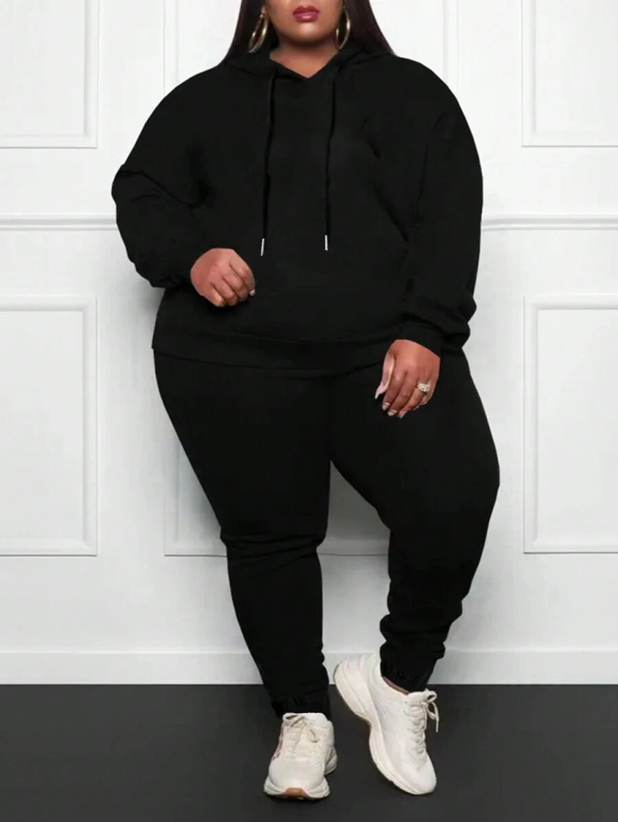 INAWLY Conjunto De Sudadera Con Capucha Y Pantalón Deportivo De Talla Grande De Color Sólido Con Cordón - Negro - Ver 1