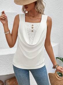 SHEIN LUNE Lace Splicing Women's Square Neck Casual Tank Top - White - View 5