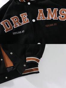 男士加大码长袖刺绣字母图案条纹饰边抽绳连帽夹克，复古摇滚风，秋季款