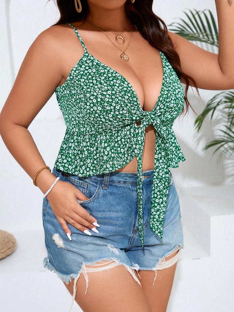 Plus Size Women's Vacation Style Summer Ditsy Floral Bowknot Tie Strap Camisole