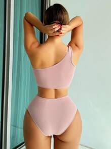 SHEIN Swim Summer Women's One Shoulder Ruffle Trim Tankini Set With Triangle Bottom - Dusty Pink - View 2