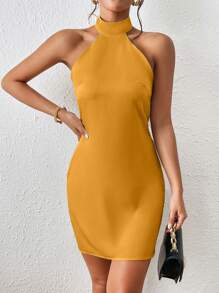 GENKIRA Women Dresses Backless Simpul Zip Plain Seksi - Emas - View 5
