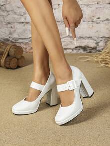 女士高跟鞋法式圆头白色漆皮玛丽珍粗跟鞋 2024 新款优雅优质低鞋面厚底带扣鞋 - 白色 - 查看 5