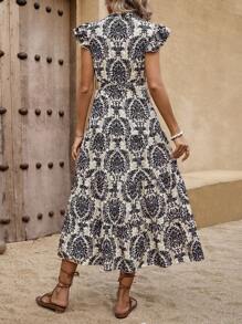 Breezaya Mùa hè giản dị In Đầm Với Ruffled Hem , Đường viền cổ có rãnh Và Vòng eo có thể điều chỉnh - Nhiều màu - Xem 2