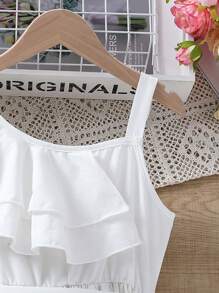 SHEIN Tween-Mädchen Weißes Kleid mit asymmetrischem Ausschnitt und Rüschenbesatz für den Sommer