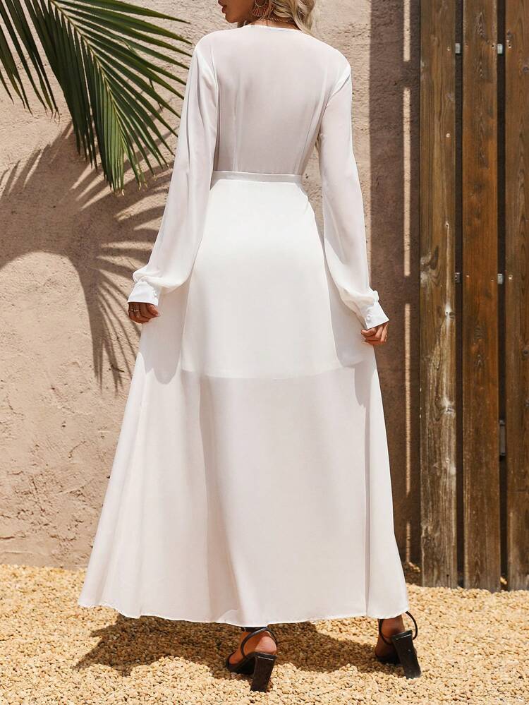 Casual Vacation Style V-Neckline High-Low Hem Dress With Cinched Waist For Spring/Summer