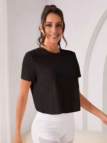 Easithlete 纯色郁金香背运动 T 恤瑜伽上衣女士瑜伽上衣 - 黑色 - 查看 4