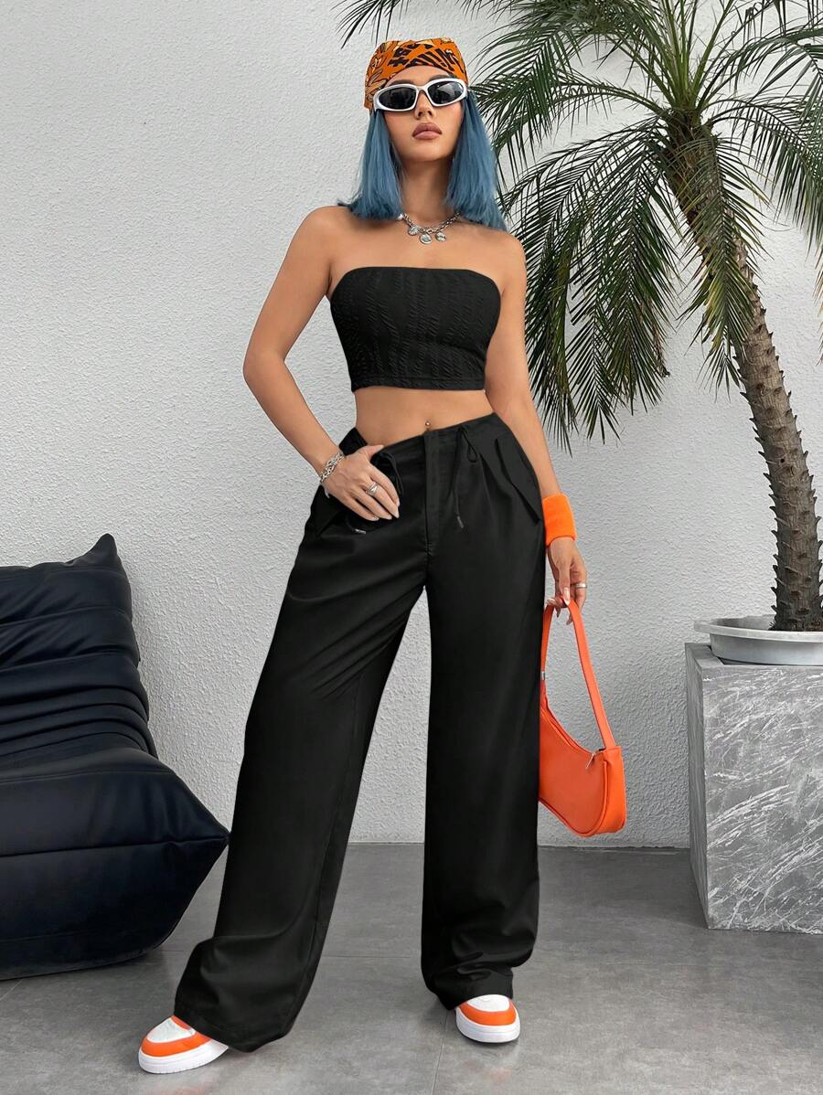 SHEIN Coolane Textured Strapless Top & Cargo Pants