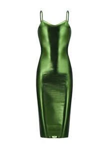 SHEIN 少女優雅無袖長版緞面內衣裙，適用於所有季節的生日派對、晚宴、表演、婚禮 - 綠色 - 查看 1