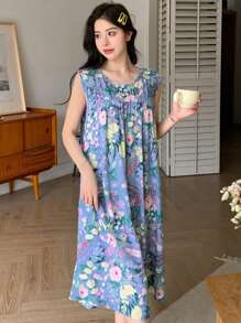DAZY 女式夏季花卉印花无袖宽松圆领睡裙，Moo Moo 睡裙睡衣 - 紫色 - 查看 3
