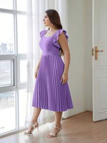 SHEIN Privé Plus Size Elegant And Intellectual Commuting Ruffled Short Sleeve Dress With Pleated Hem, Wedding Guest Dress - Mauve Purple - View 10