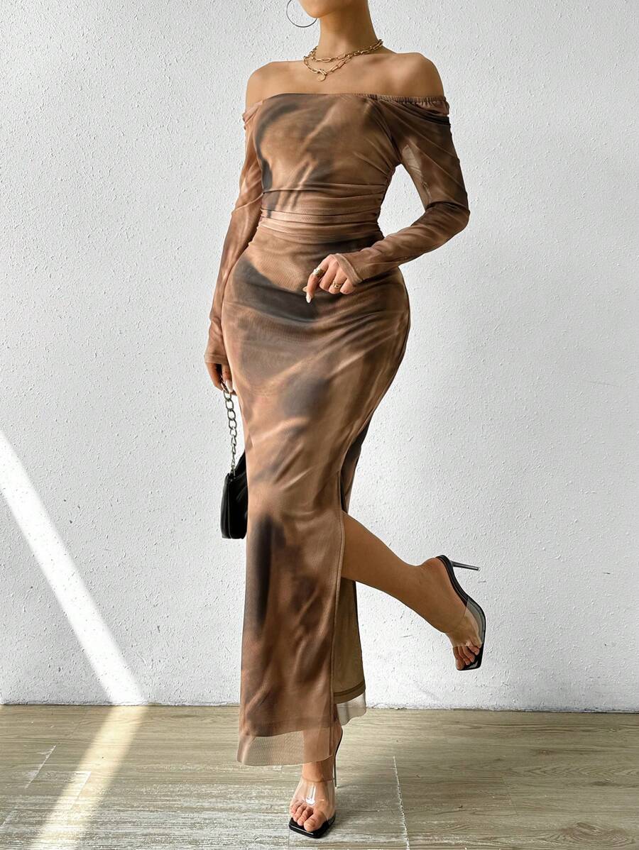 Islaluna 女式春夏露肩长袖扎染侧开衩修身连衣裙长款女装秋季女装 - 卡其色 - 查看 1