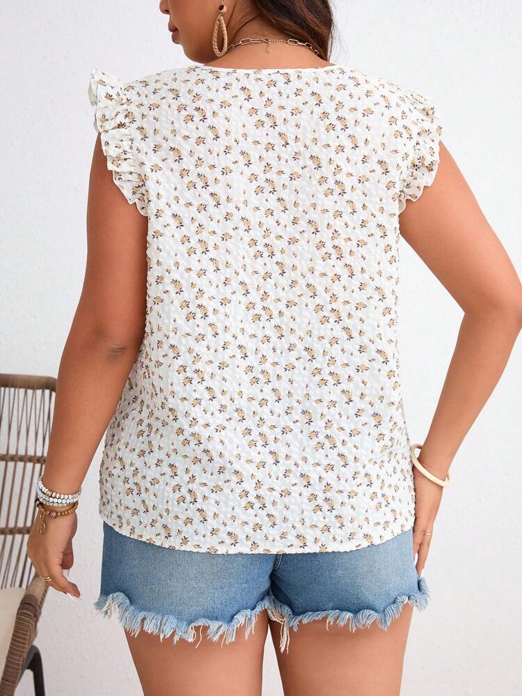 Plus Size Casual Short Sleeve Shirt With Ditsy Flower Print And Ruffled Hem For Summer