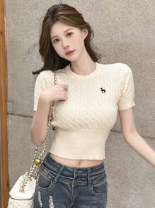 DAZY 女士时尚简约扭纹针织短袖上衣，秋季服装 - 杏色 - 查看 3