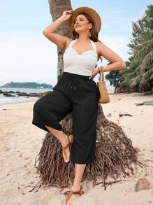 SHEIN VCAY Plus Size Solid Color Cropped Summer Pants - Black - View 5