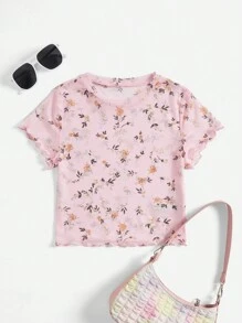 SHEIN EZwear Valentine's Day,Women's Plus Size Summer Vacation See-Through Mesh Purple Shirt With Ditsy Floral Print And Wavy Edged Hem Short Sleeve T-Shirt