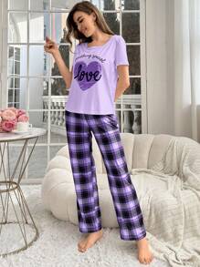 Conjunto de pijama de pantalón de cuadros con estampado de letras para mujer, simple y cómodo