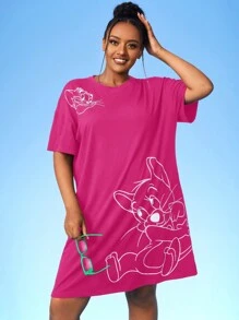 TOM & JERRY X SHEIN Váy thun hở vai in họa tiết hoạt hình cỡ lớn - Màu Hồng Tươi - Xem 5