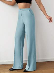 EURMUSE Solid Slant Pocket Straight Leg Suit Trousers - Grey - View 3