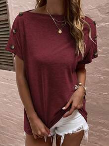 SHEIN LUNE Áo thun nữ Nút màu trơn Giải trí - Màu Đỏ Sâu - Xem 4