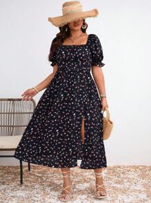 SHEIN Frenchy 大码女式夏季优雅长裙，带泡泡袖和碎花 - 彩色 - 查看 5
