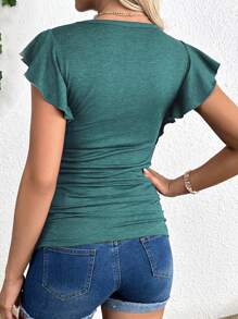 SHEIN Maternity Casual Regular Fit Flutter Sleeve T-Shirt With Round Neckline, Suitable For Summer - Green - View 2