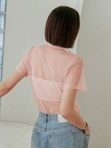 DAZY 女式夏季圆领网眼短袖透明上衣，返校服装 - 粉色 - 查看 14