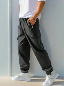 多功能口袋戶外男士貨物褲 - 黑色 - 查看 1