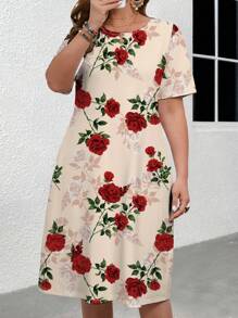 EMERY ROSE 優雅大尺碼女裝花卉印花短袖緊身連身裙，帶有玫瑰圖案 - 粉色 - 查看 5