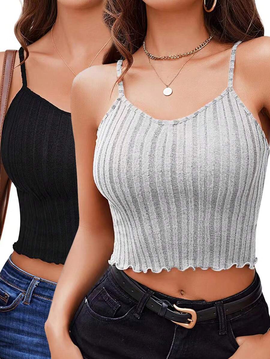 INAWLY Áo hai dây nữ dệt kim có viền bèo nhún trang trí - Nhiều màu - Xem 1