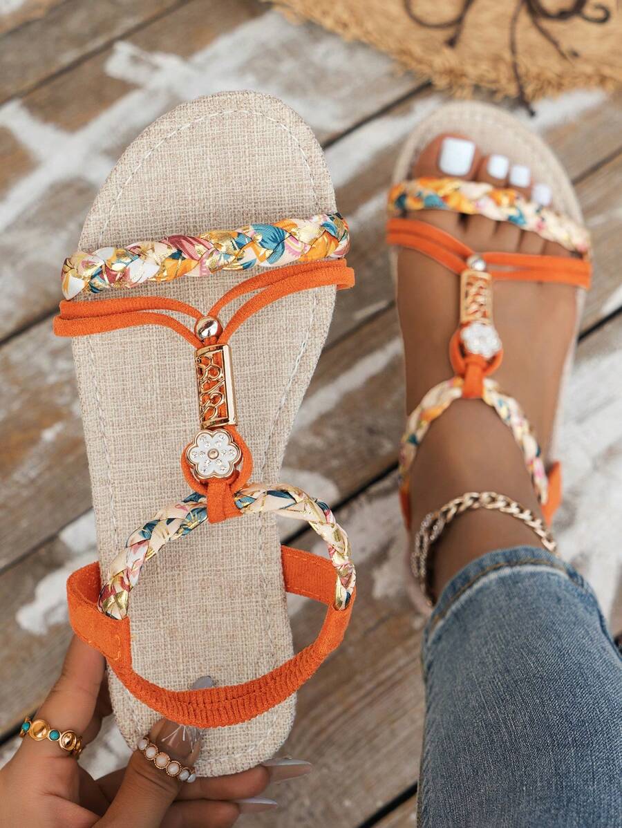 Women  Woven Flat Sandals For Summer, Lightweight And Non-Slip Beach Shoes, Random Colorful Woven Patterns Flat Sandals - trái cam - Xem 1