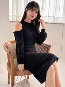 FRIFUL 女式露肩长袖连衣裙，秋季连衣裙 - 黑色 - 查看 3