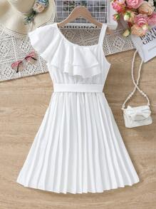SHEIN Tween-Mädchen Weißes Kleid mit asymmetrischem Ausschnitt und Rüschenbesatz für den Sommer