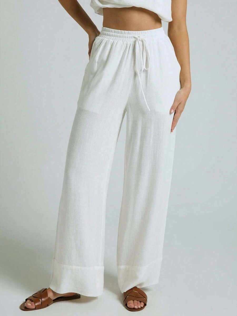 SHEIN EZwear White Woven Women's Wide Leg Pants - White - View 1