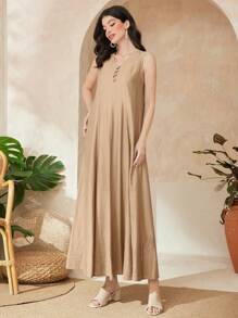 Al Najma Women's Solid Color V-Neck Fold-Pleated Coat And Dress Set - Khaki - View 4