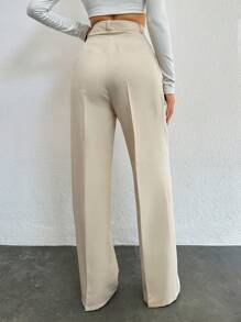 EURMUSE Solid Zipper Fly Fold Pleated Pants - Beige - View 2