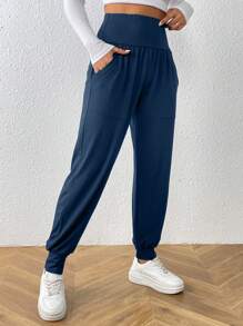 SHEIN LUNE Elegant Women Solid Color Simple High-Waisted Long Pants - Dusty Blue - View 3