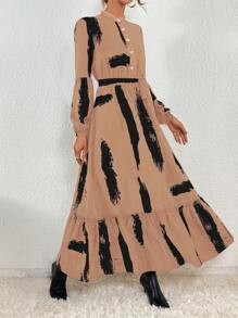 SHEIN Clasi 女性時尚印花長袖連衣裙 - 咖啡 - 查看 6