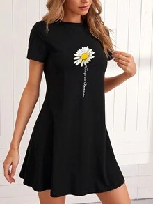 SHEIN Essnce 女士夏季休闲圆领雏菊印花短袖迷你紧身连衣裙 - 黑色 - 查看 5