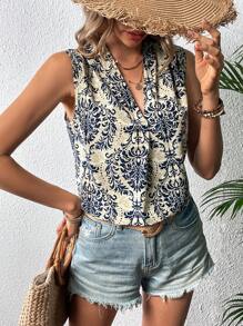SHEIN LUNE Áo không tay cổ chữ V in họa tiết mùa hè thông thường - Màu xanh lam - Xem 5