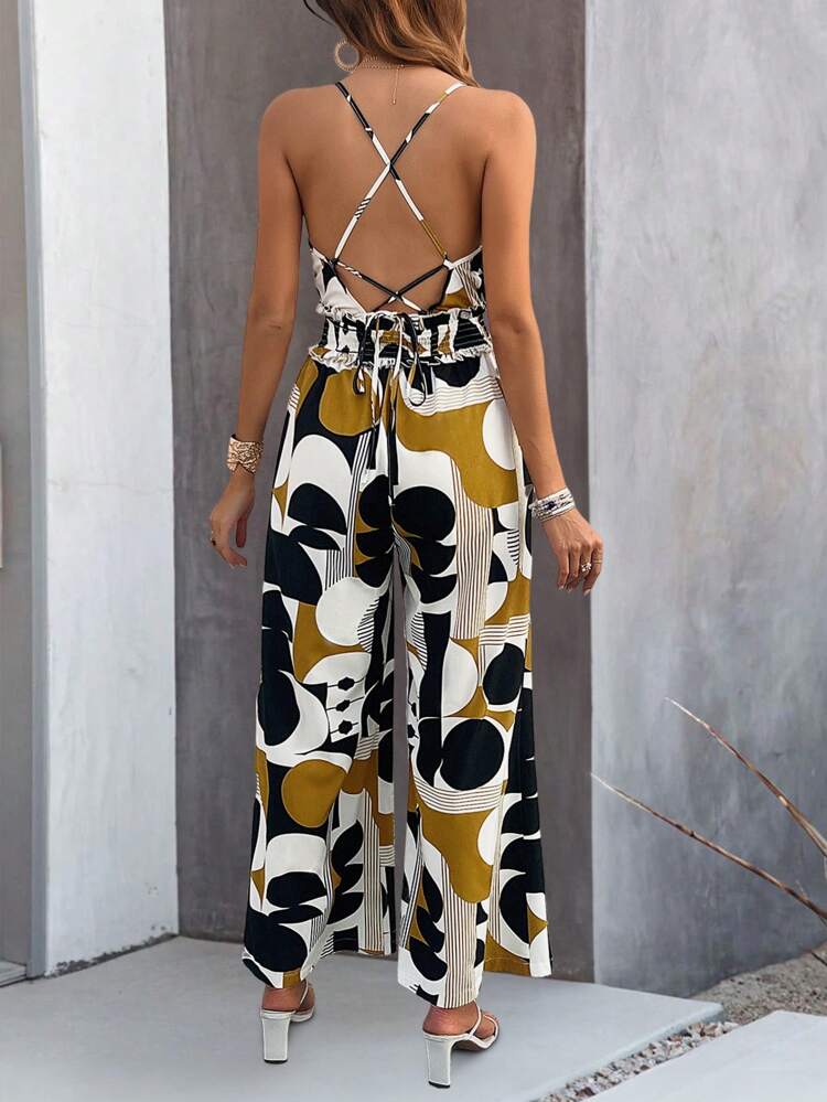 Women's Geometric Printed Halter Jumpsuit With Flounce Hem