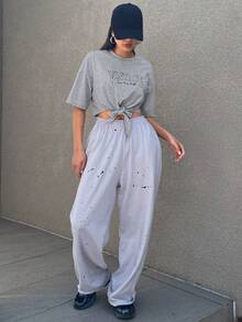 DAZY Loose Fit Cropped T-Shirt With Drop Shoulder, Knot Front Hem And Letter Print - Light Grey - View 2